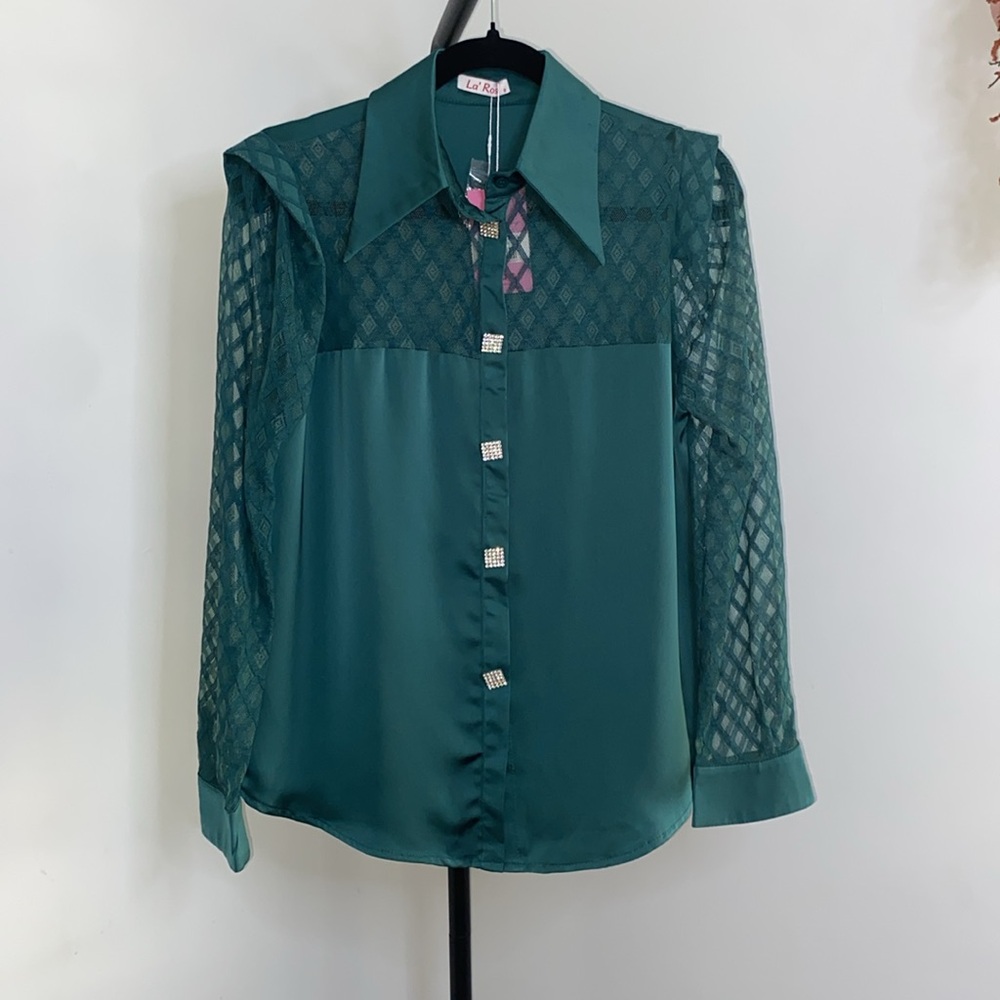 Elegant Teal Blouse with Lace Accents